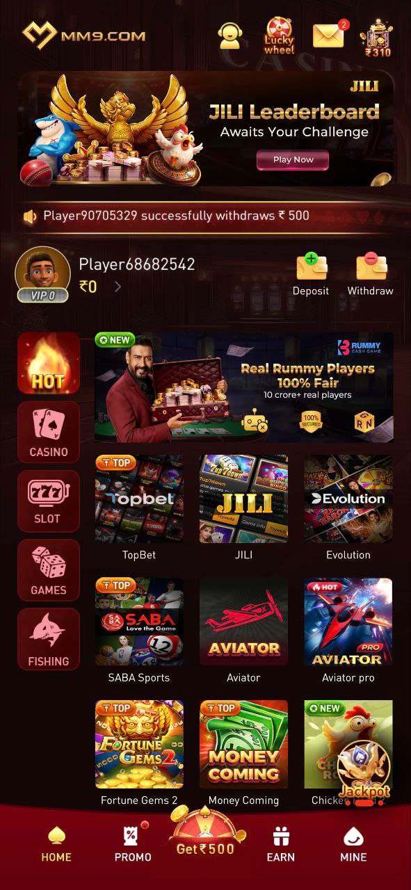 MM9.com home screen showing JILI Leaderboard banner, deposit and withdraw options, casino categories, and popular games like Aviator, JILI, Evolution, and Fortune Gems 2.