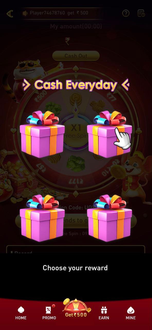 MM9 Game Cash Everyday reward screen showing colorful gift boxes with “Choose your reward” option and Get ₹500 promo banner.