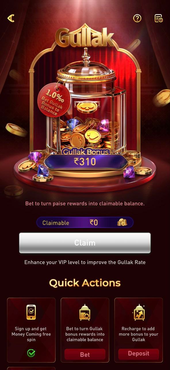 MM9 App Gullak bonus screen showing ₹310 balance with a golden piggy bank jar, 1.0% bonus rate, claimable ₹0, and quick action buttons for bet and deposit.