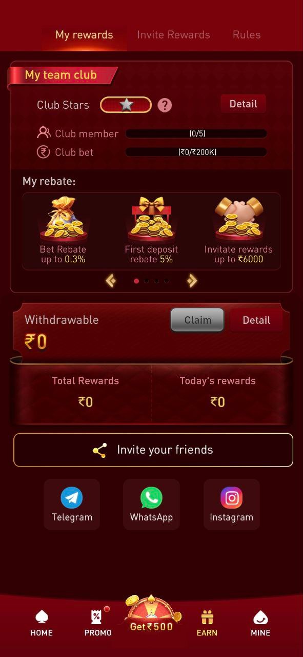 MM9 Game rewards dashboard screen showing club stars, rebate offers, withdrawable balance ₹0, and invite friends options with Telegram, WhatsApp, and Instagram icons.