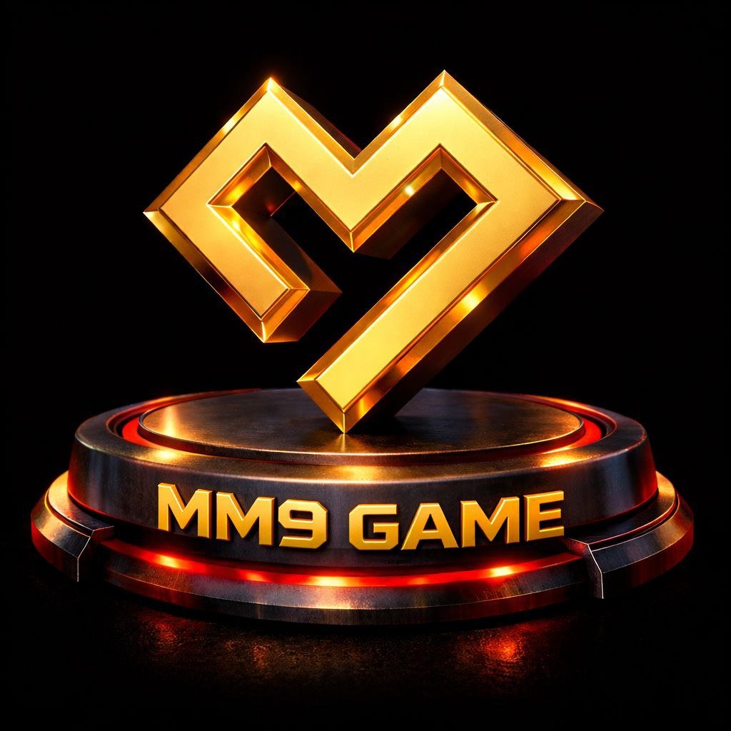 Golden 3D MM9 Game logo placed on a glowing black and red circular platform with a premium metallic finish.