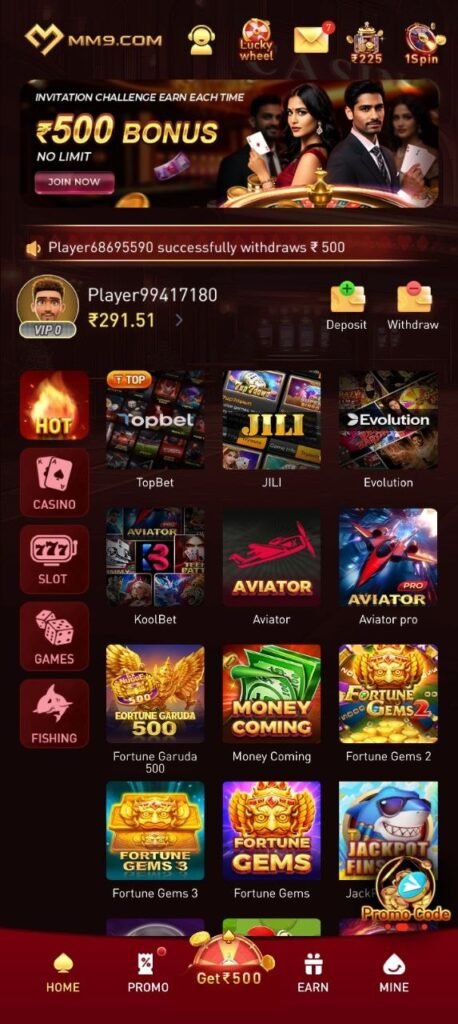 MM9 Game gameplay screen showing MM9 app interface and features